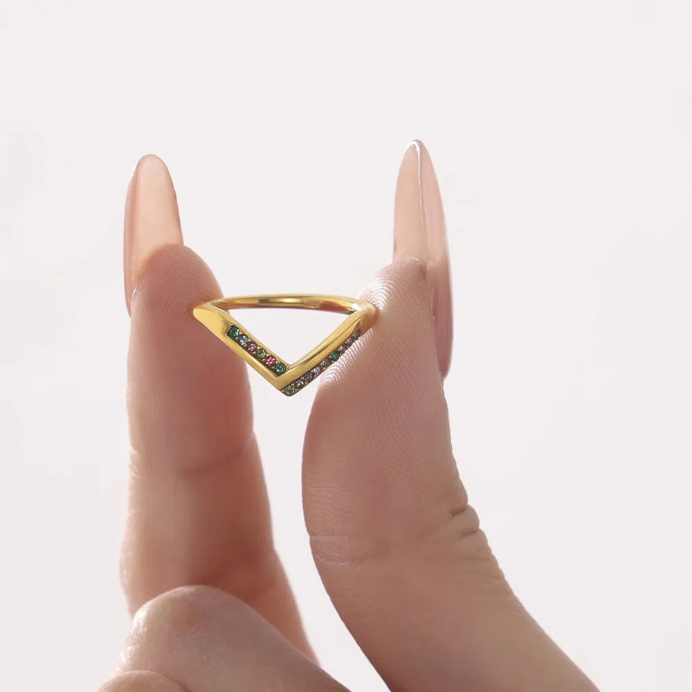 Stainless steel ring for women adjustable size 7 geometric shape gold white zircon finish