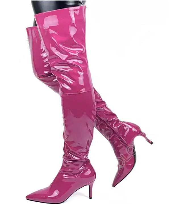 Fashion below the knee plus size 47 over the knee boots, pointed toe, stiletto heel, artificial PU, blue