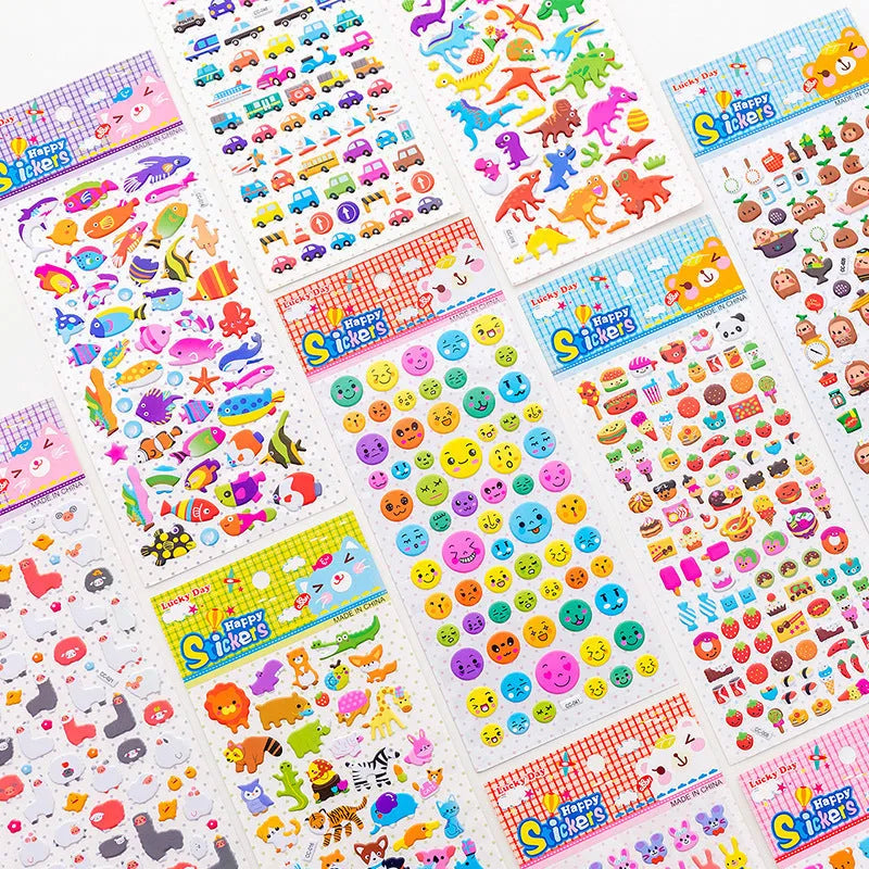 Cartoon 3D bubble stickers showing raised alpaca, dinosaur, cat and smiley face designs for hand account decoration