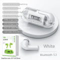 Wireless Bluetooth headset with transparent digital display charging case showing battery level
