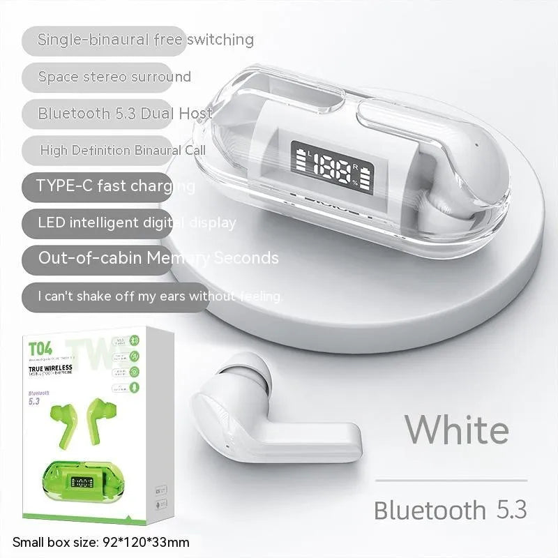 Wireless Bluetooth headset with transparent digital display charging case showing battery level