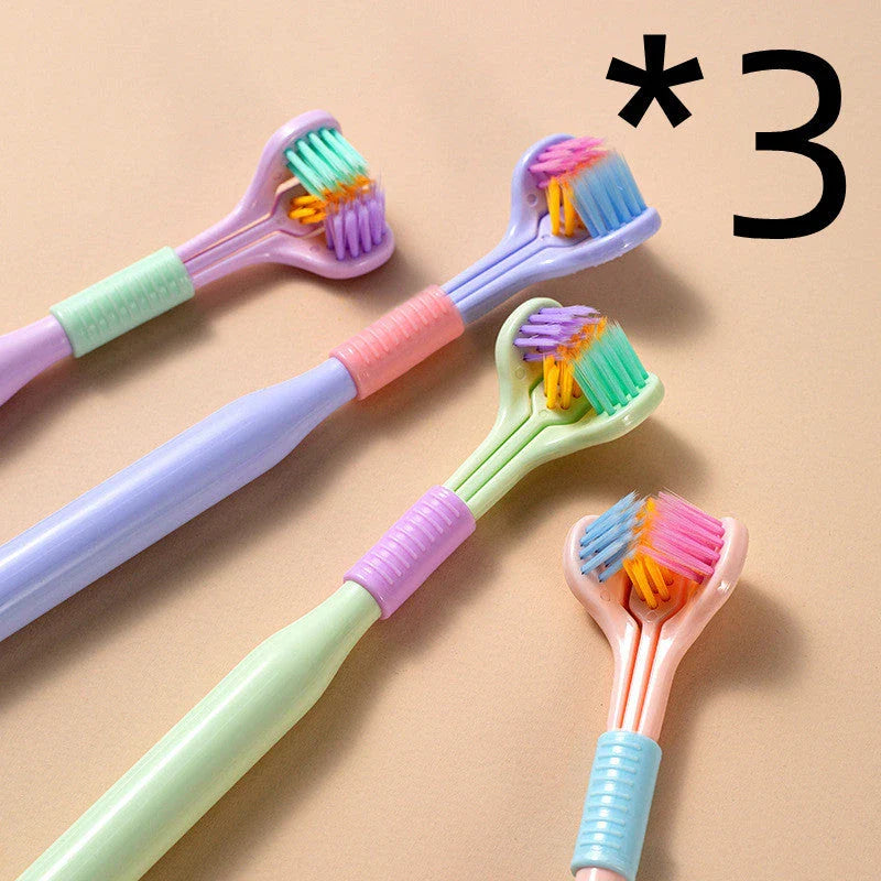 3-in-1 Soft Bristle Toothbrush with Tri-Sided Brush Head and Temperature-Responsive Bristles