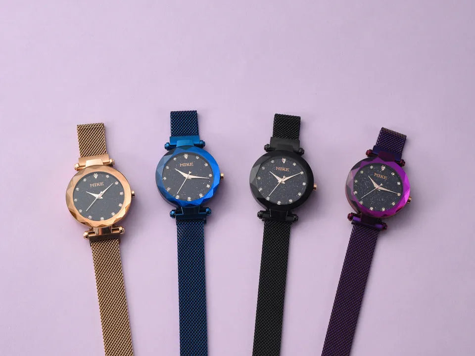 Women's waterproof quartz watch with 33mm dial, stainless steel Milan belt or steel band, single folding buckle, available in rose gold, purple, blue or black.