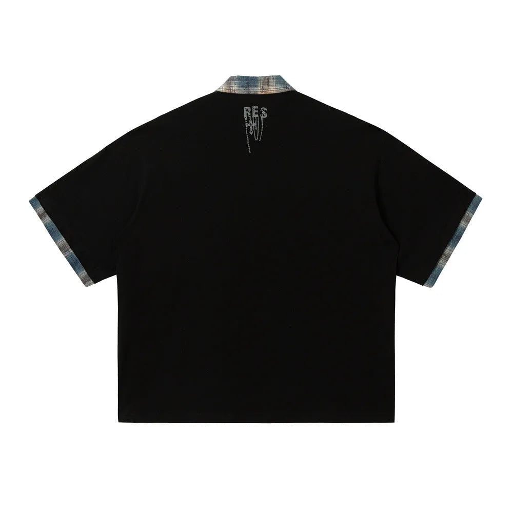 Men's loose fit asymmetric short-sleeved cotton top with graffiti printing on the lapel.