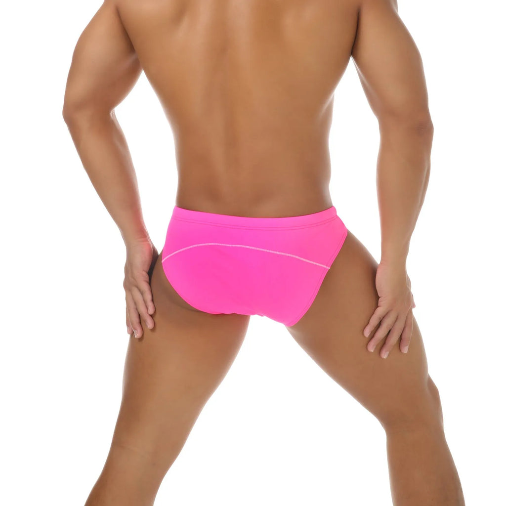 Men's printed nylon bikini swim trunks on a white background showing colour options.