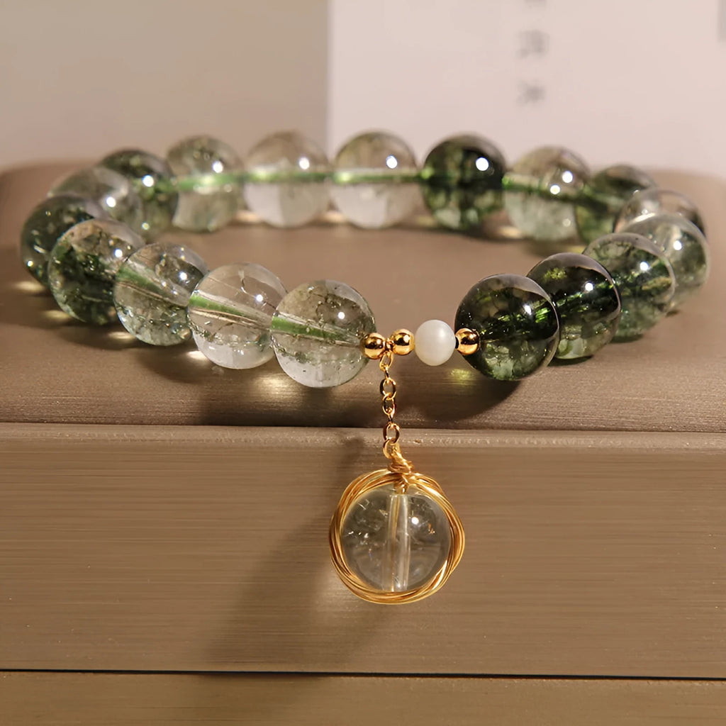 Natural green phantom quartz and chorite crystal bracelet for women in Japanese Korean style.