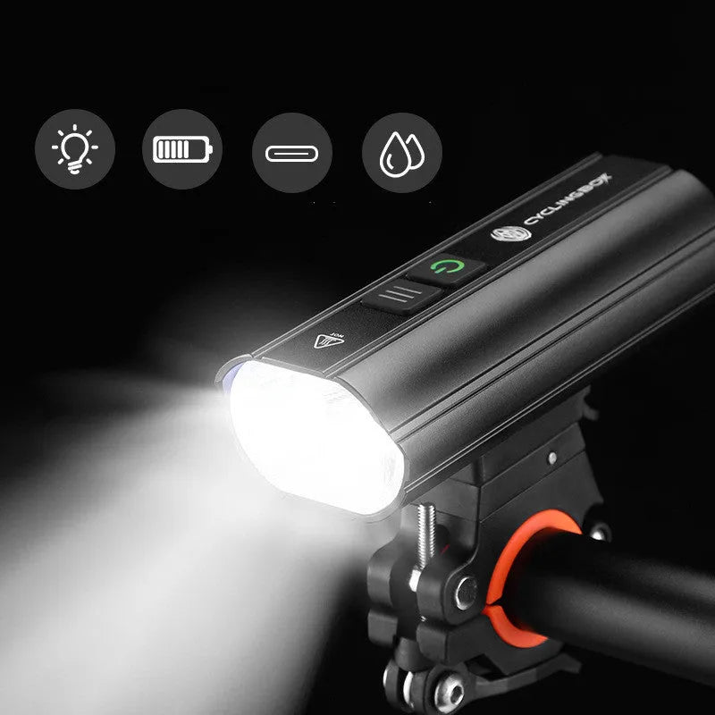 Black rechargeable bicycle light with aluminium alloy body, 1800 lumens, Type-C charging, and POM bracket.