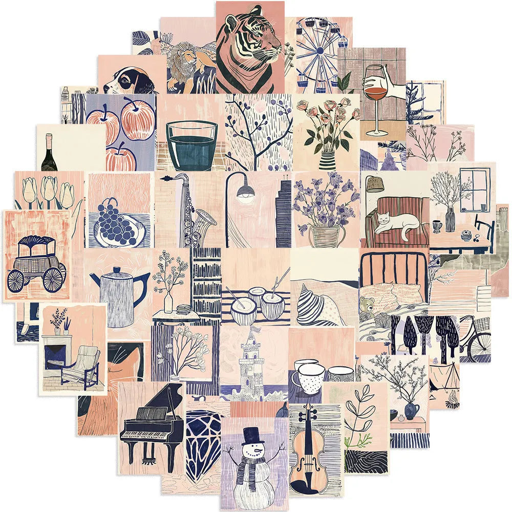 Abstract art sticker pack with 55 cartoon style printed stickers sized 4-6cm for home craft use