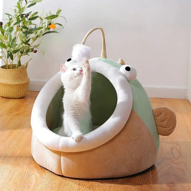 Grey deerskin velvet semi-closed cat house pet bed shown in medium size