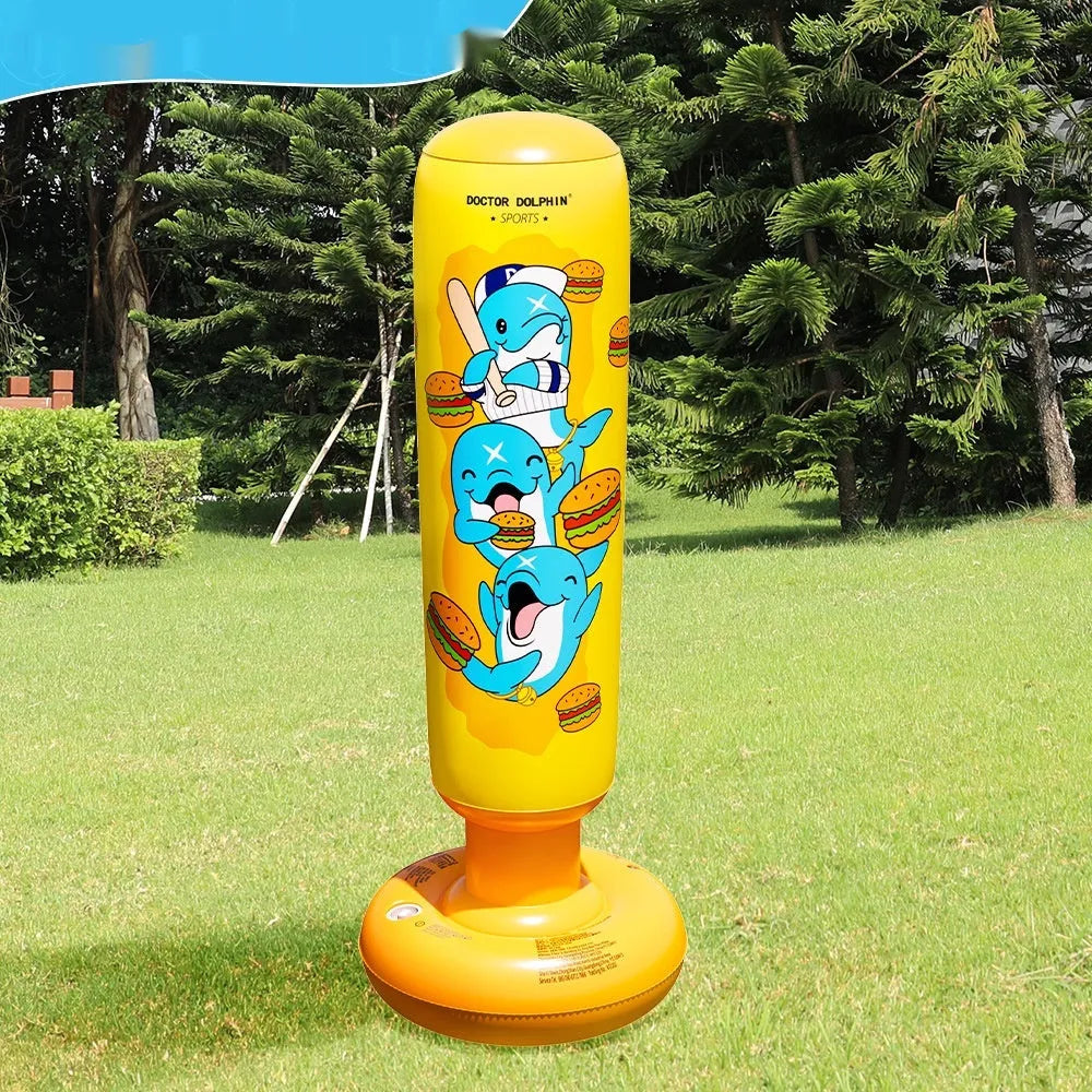Yellow hamburger coloured inflatable boxing column sandbag measuring 120x25cm for fitness training