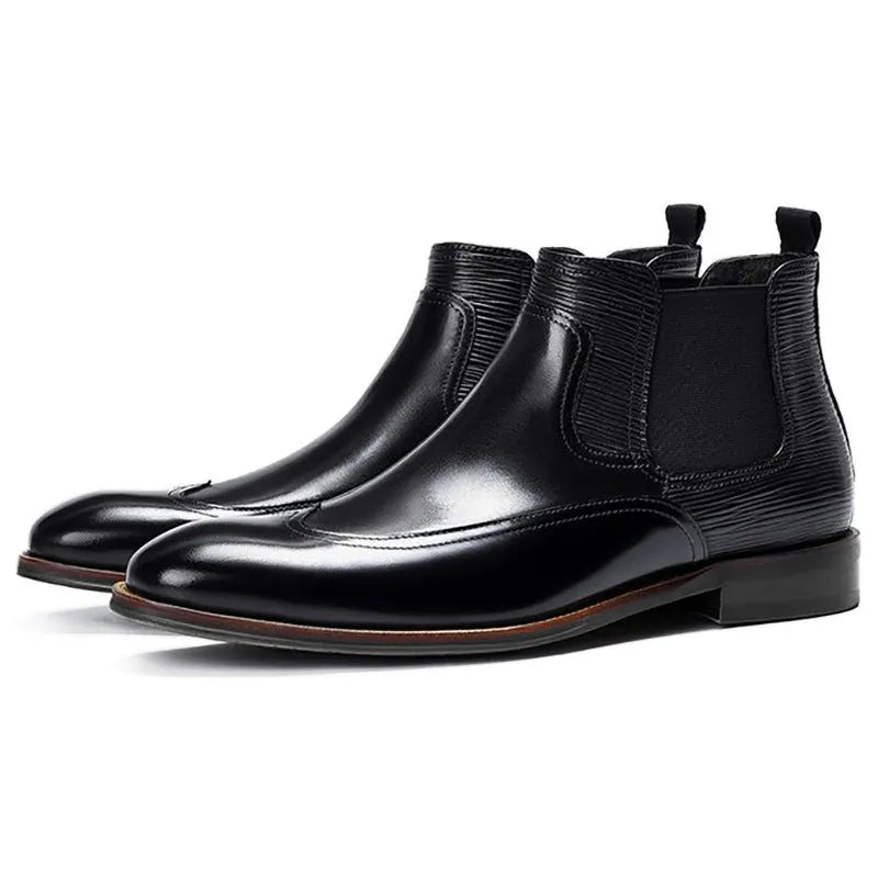 Men's colour block Chelsea boots in black or dark brown with artificial PU upper, beef tendon sole, and elastic band entry.