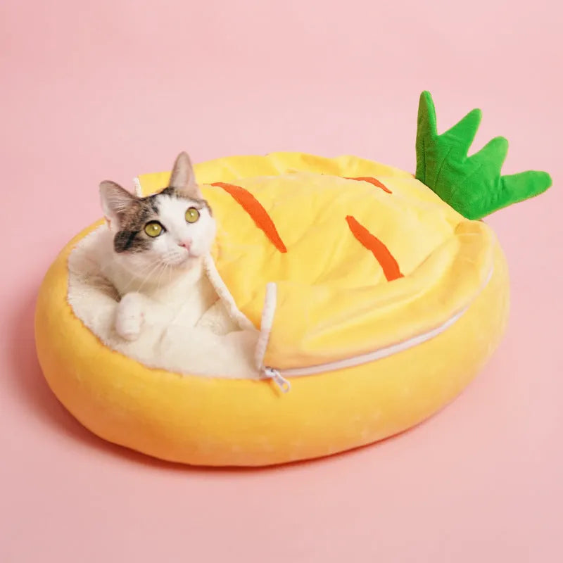 Yellow semi-enclosed carrot-shaped cat nest sleeping bag made of cotton fabric on a light background