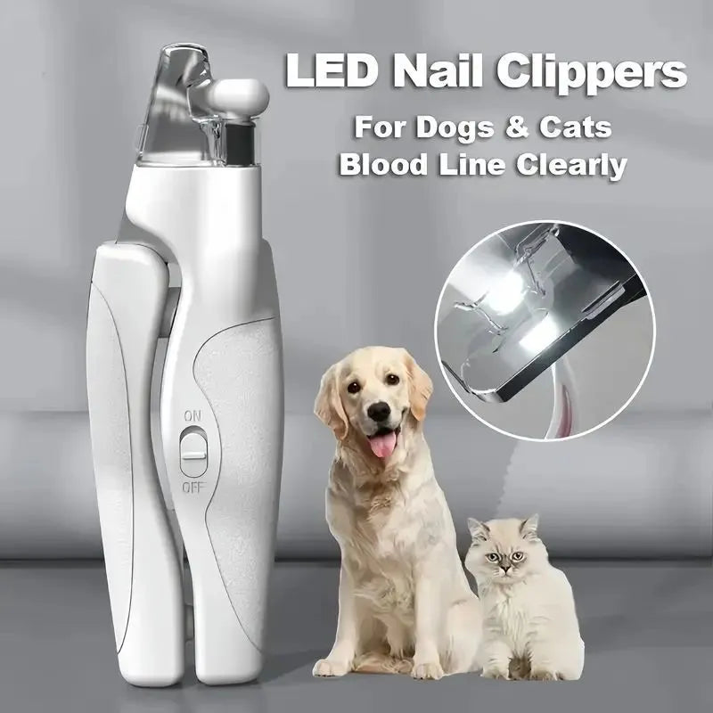 Rechargeable LED pet nail clippers with precision blades for dogs and cats, shown in blue or white