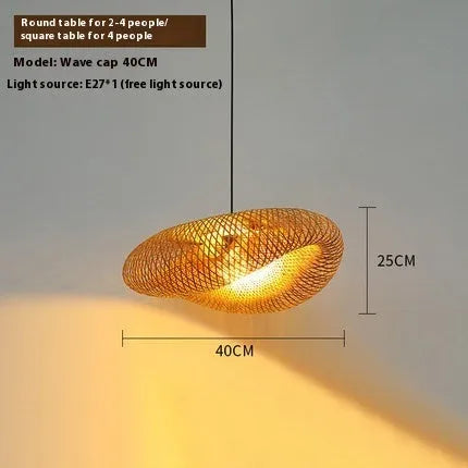 Natural bamboo straw hat-shaped hanging ceiling lamp chandelier on a white background.