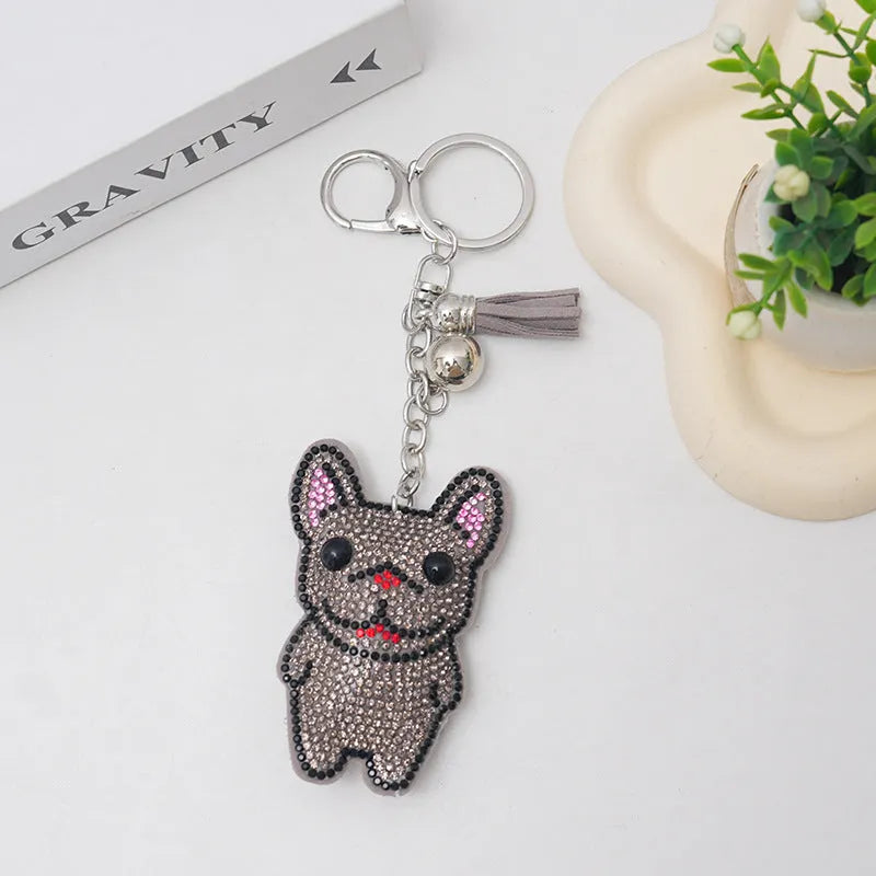 French dog rhinestone keychain with cartoon animal design and metallic electroplated finish