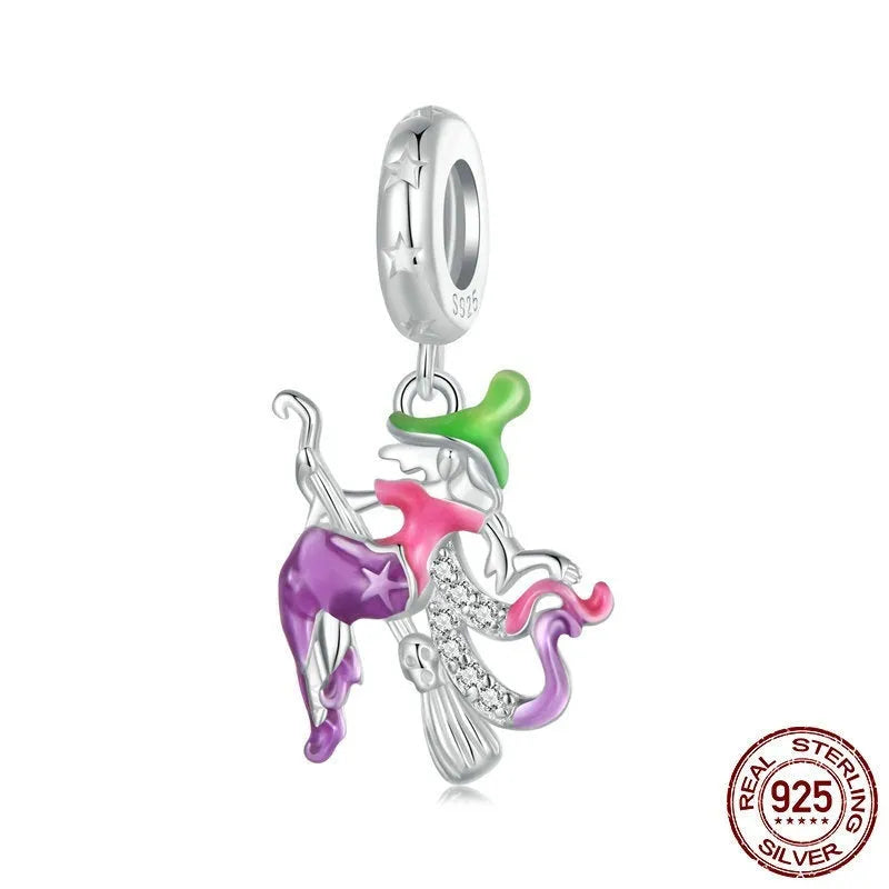 925 silver Halloween broom pendant with fluorescent finish, pumpkin and skull design, 25x13mm with 4.5mm hole