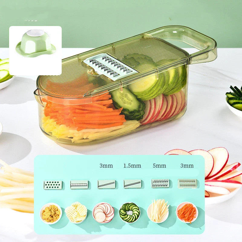 Multifunctional vegetable chopper with interchangeable stainless steel blades, water filtration port, and transparent body