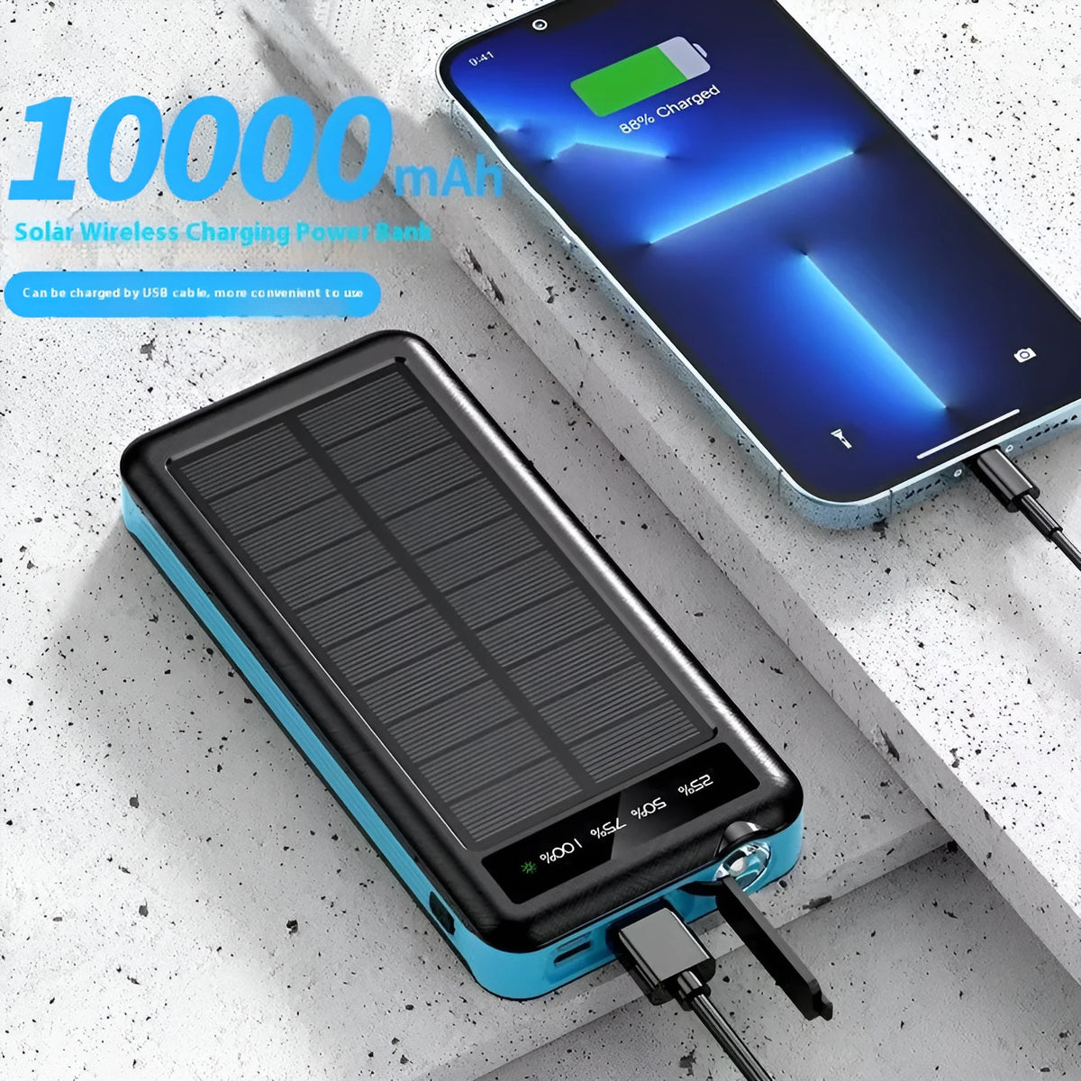 Solar charging unit with cable, 10000mAh waterproof power bank with IP65 shell, lantern and wireless charging