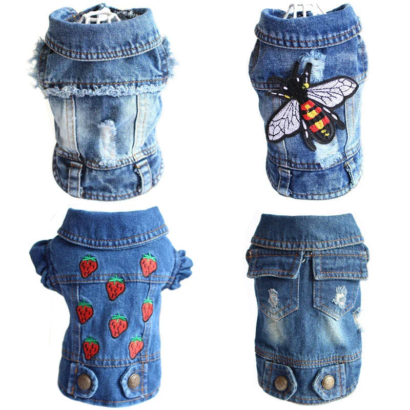 Stylish denim dog jackets and vests in a variety of designs for small pets