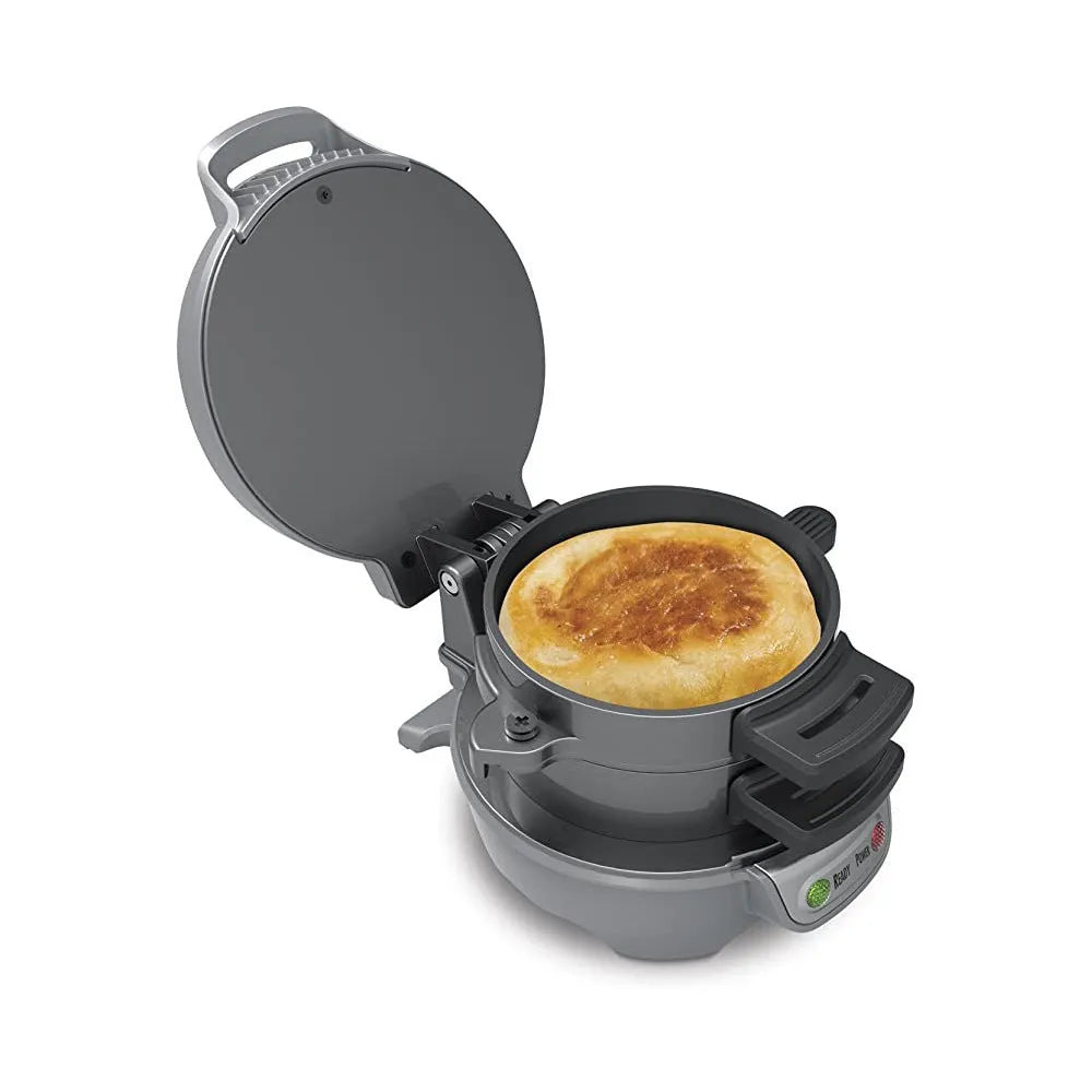 Household breakfast machine in bright red with sandwich maker and egg cooker functions