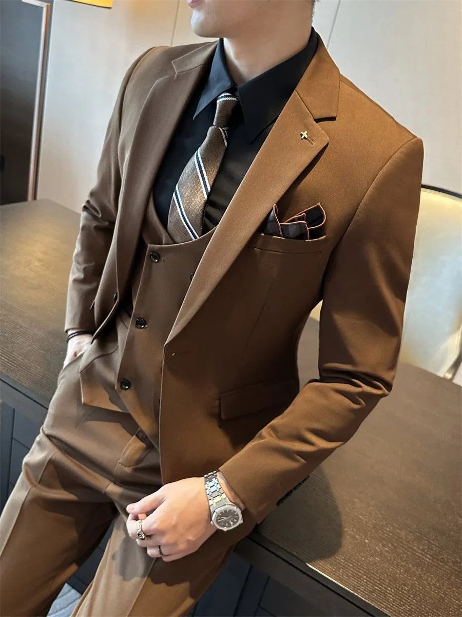 Men's slim fit business suit in dark green, brown, or camel, made from a chemical fibre blend fabric.
