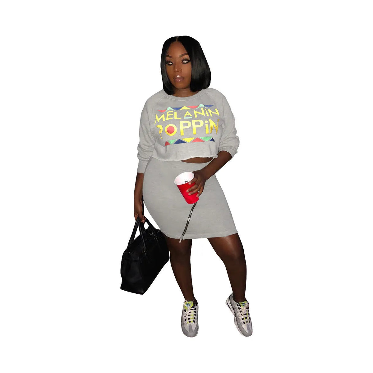 Women's letter print skirt suit with long sleeve top and zipped short skirt in grey or black