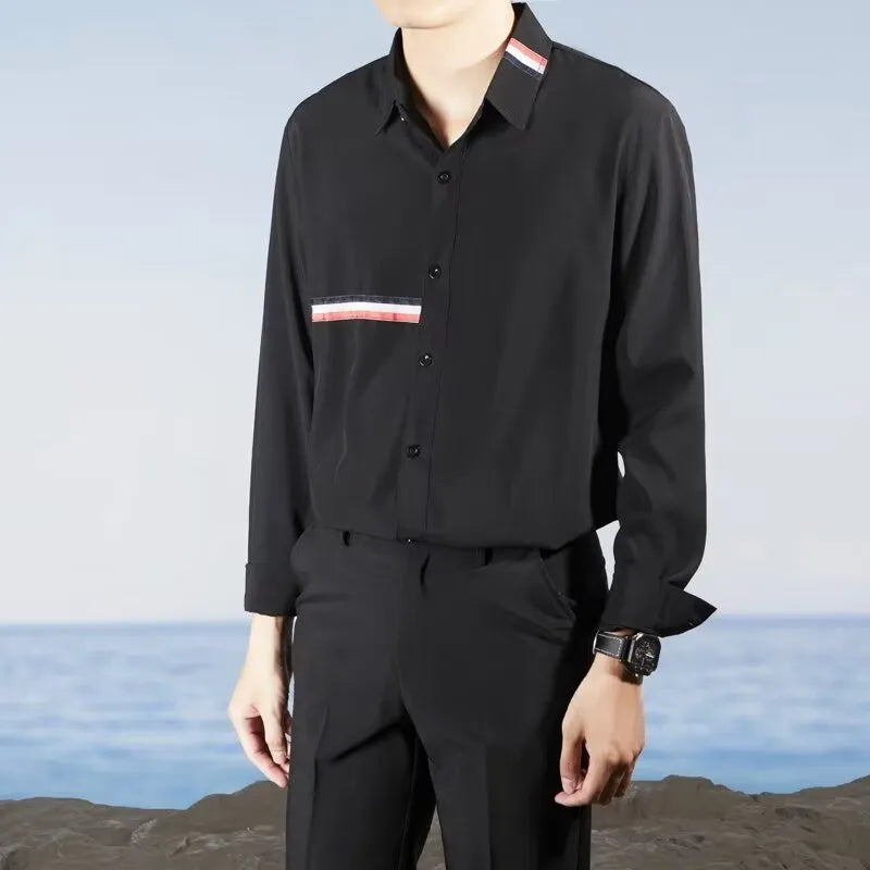 Hong Kong style loose fit casual shirt in polyester blend fabric with non-ironing feature