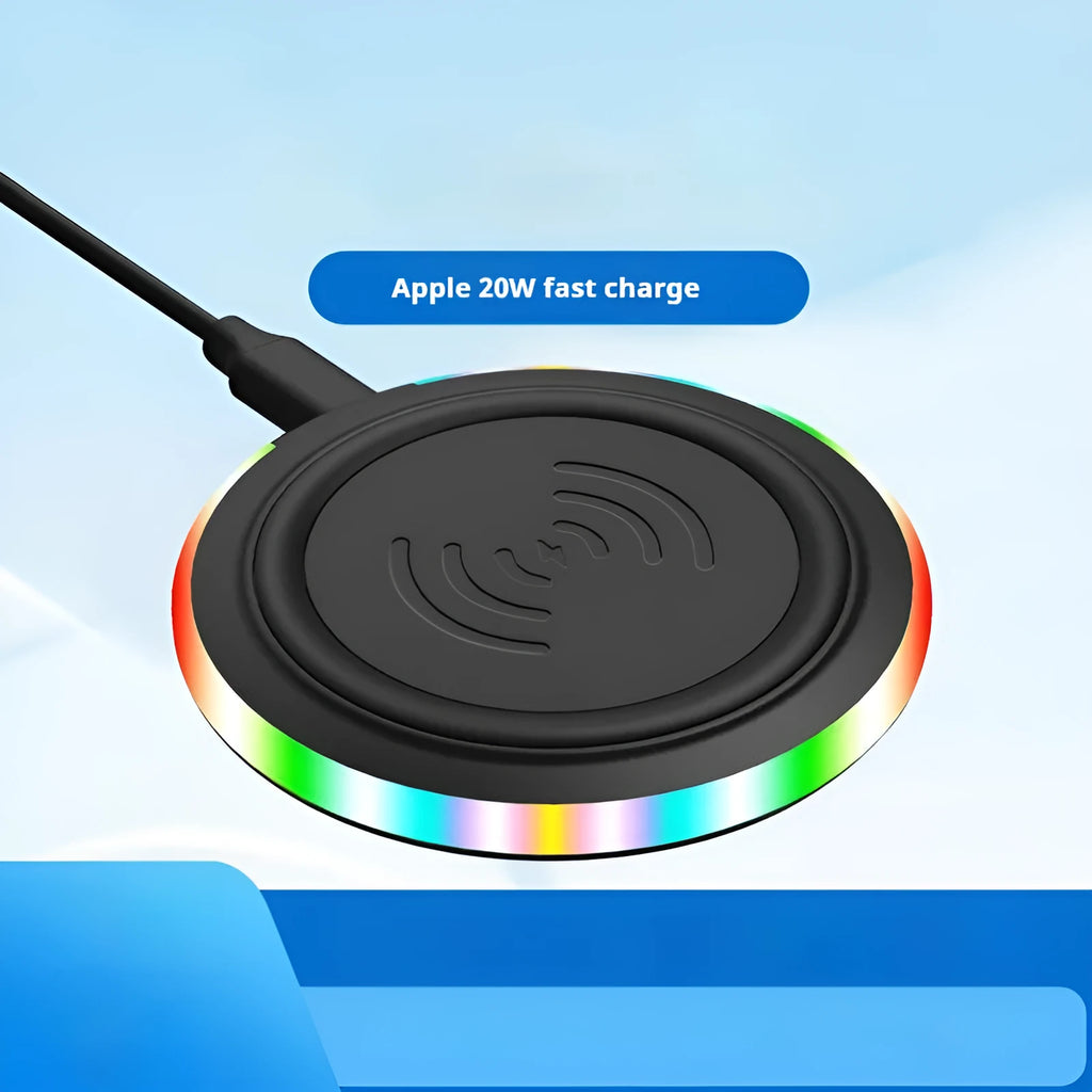 Ultra-thin round 10W wireless phone charger with Type-C input on a desk