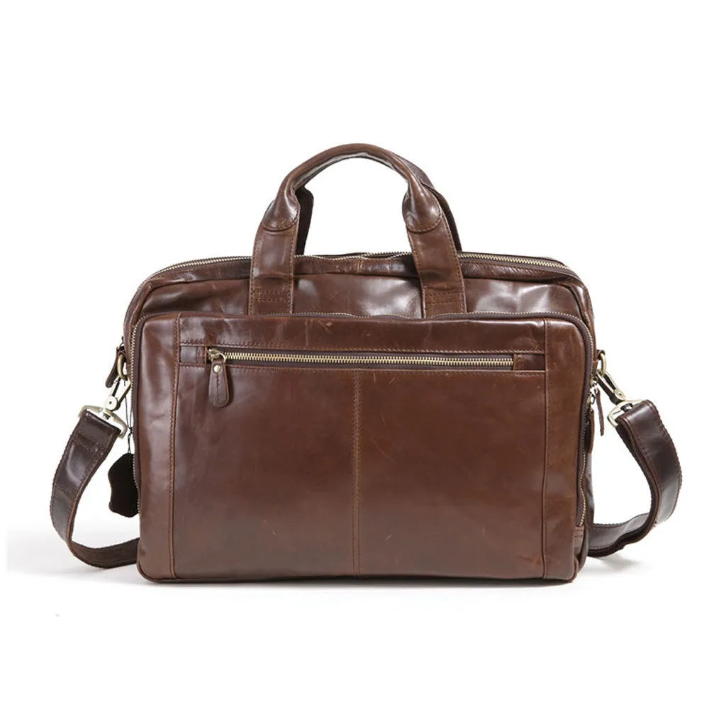 Brown leather business briefcase with 18-inch size and polyester cotton lining