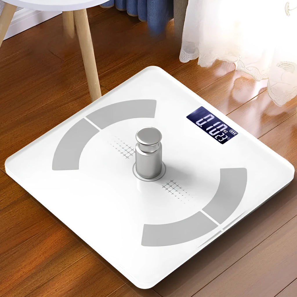 Smart Bluetooth rechargeable body fat scale in white black or pink colours