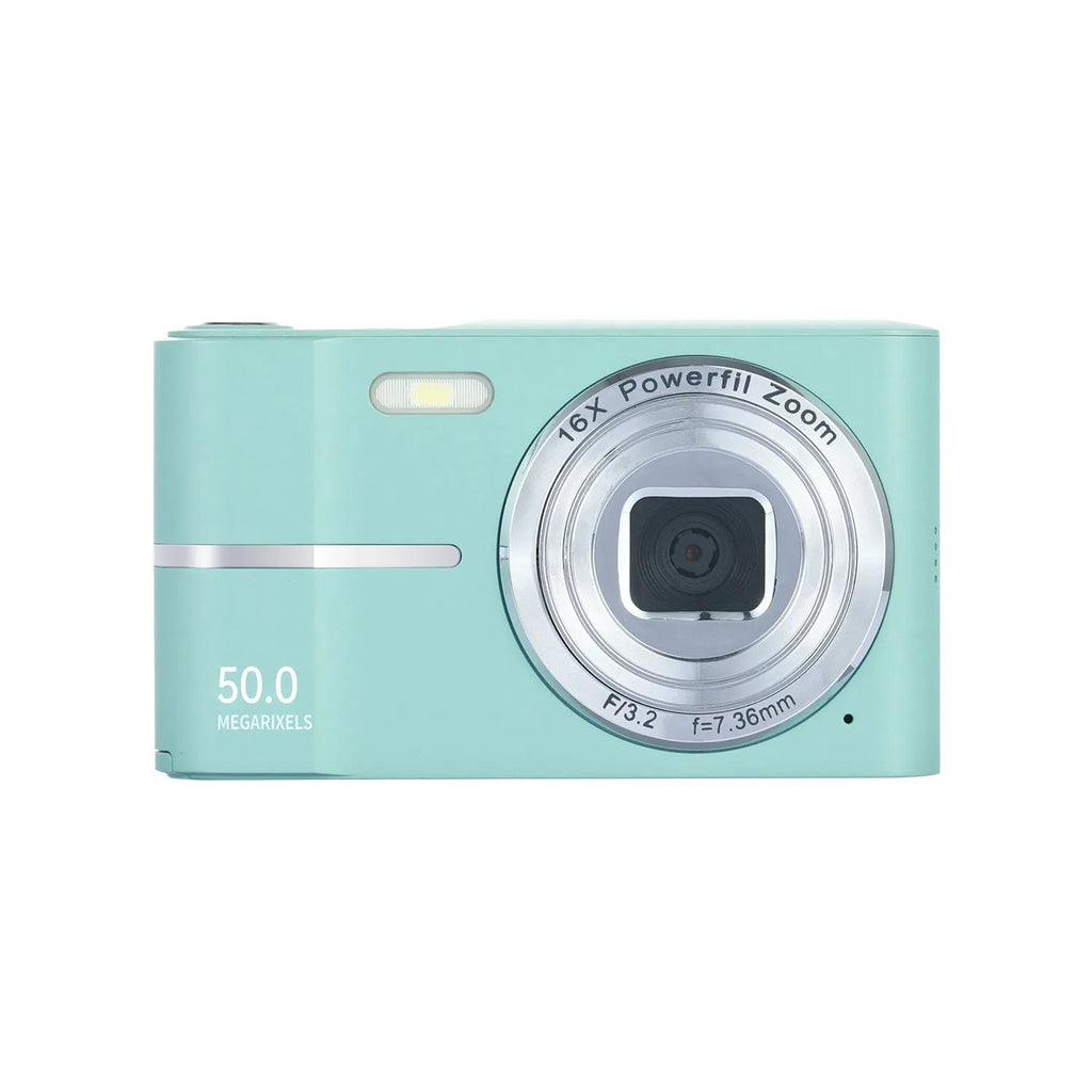 Compact student mini digital camera in black, green, pink, or white with lanyard.