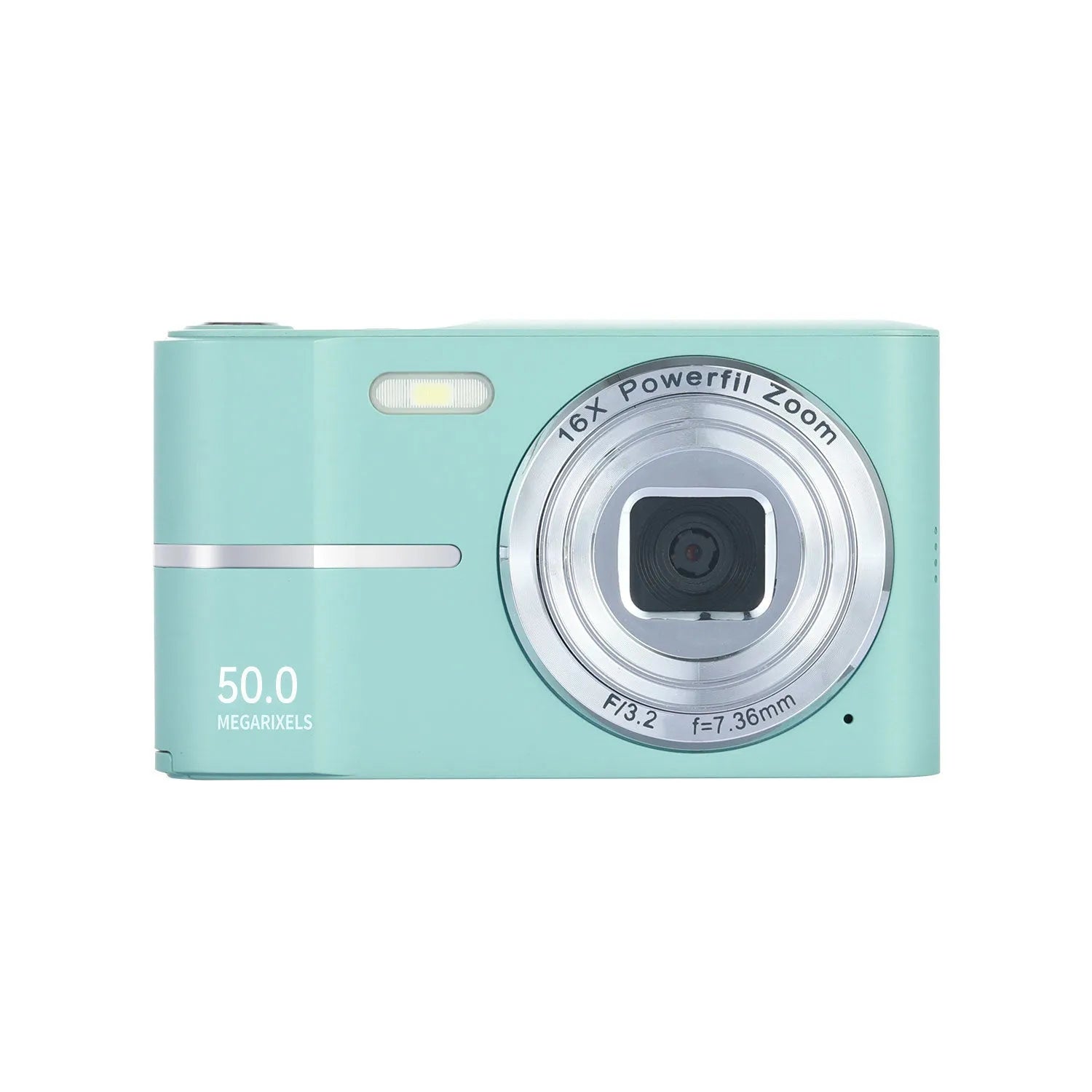 Compact student mini digital camera in black, green, pink, or white with lanyard.