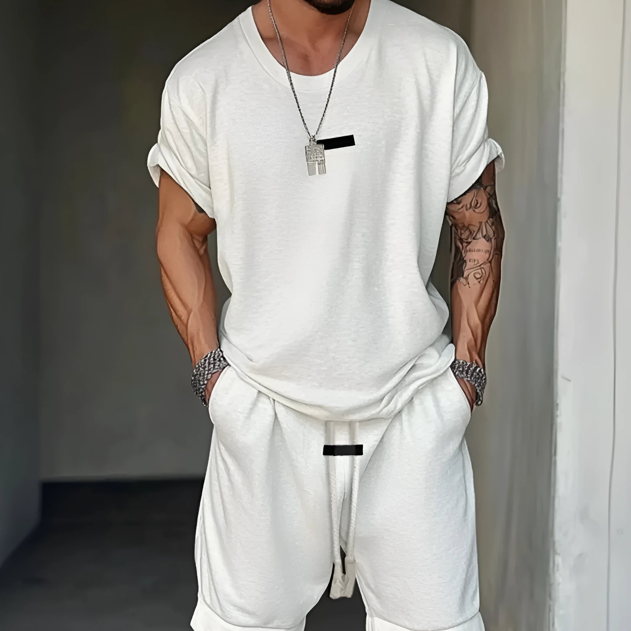Men's mesh T-shirt and shorts set with letter printing in hip hop style