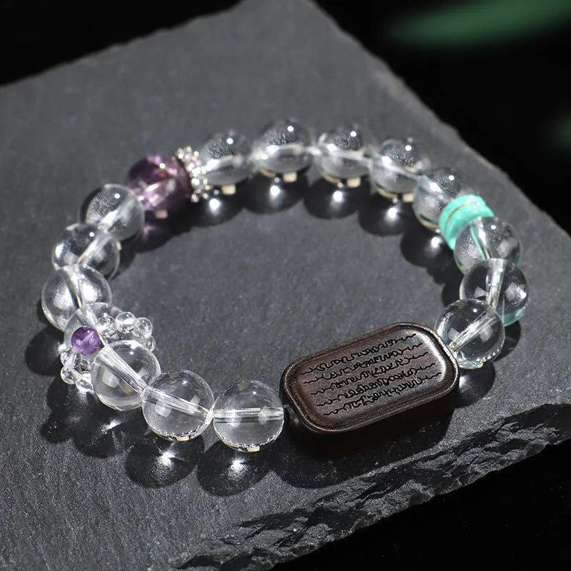 Natural white crystal ebony five bead ethnic bracelet with adjustable fastening