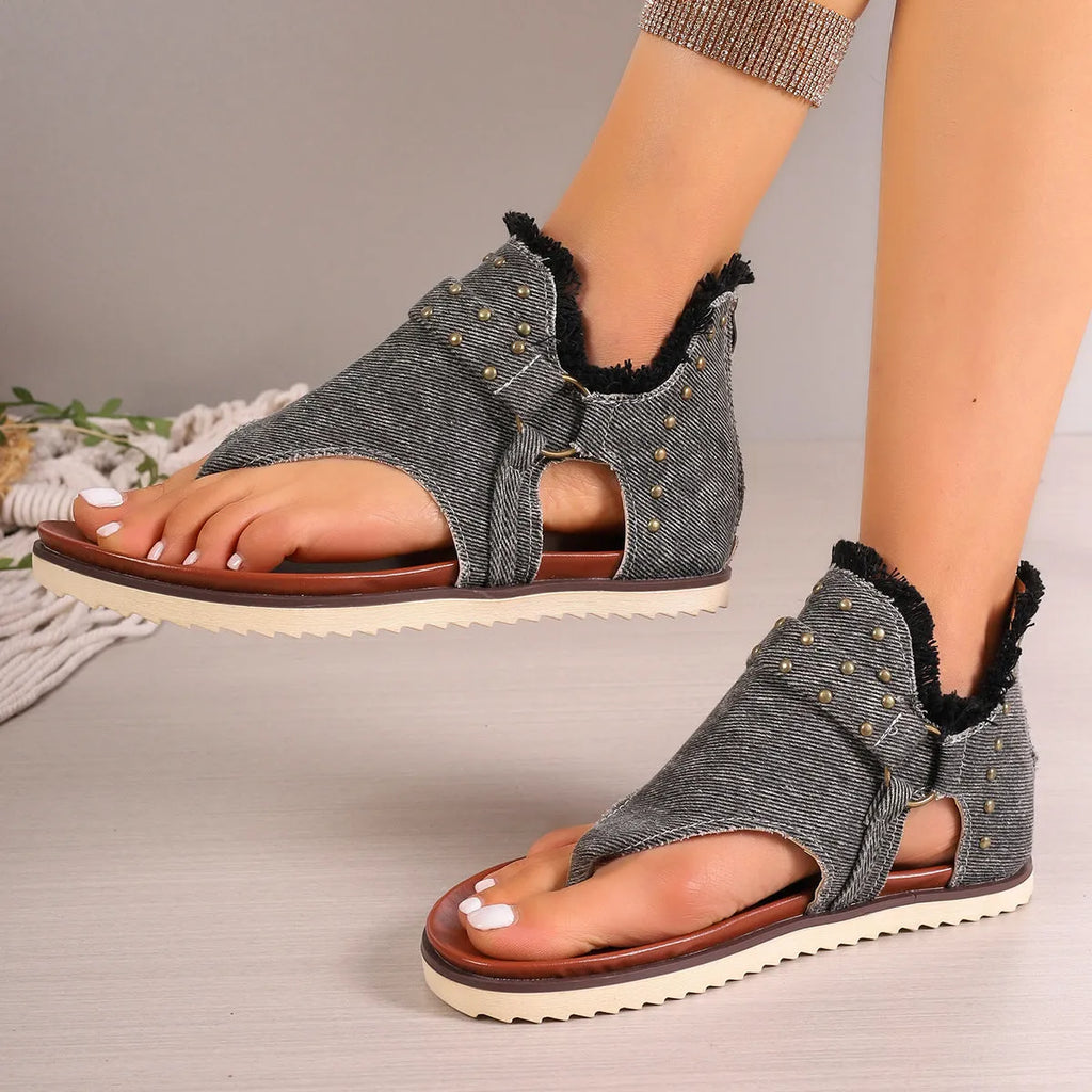 Denim thong sandals with rear zipper, side hollow, round toe, low heel