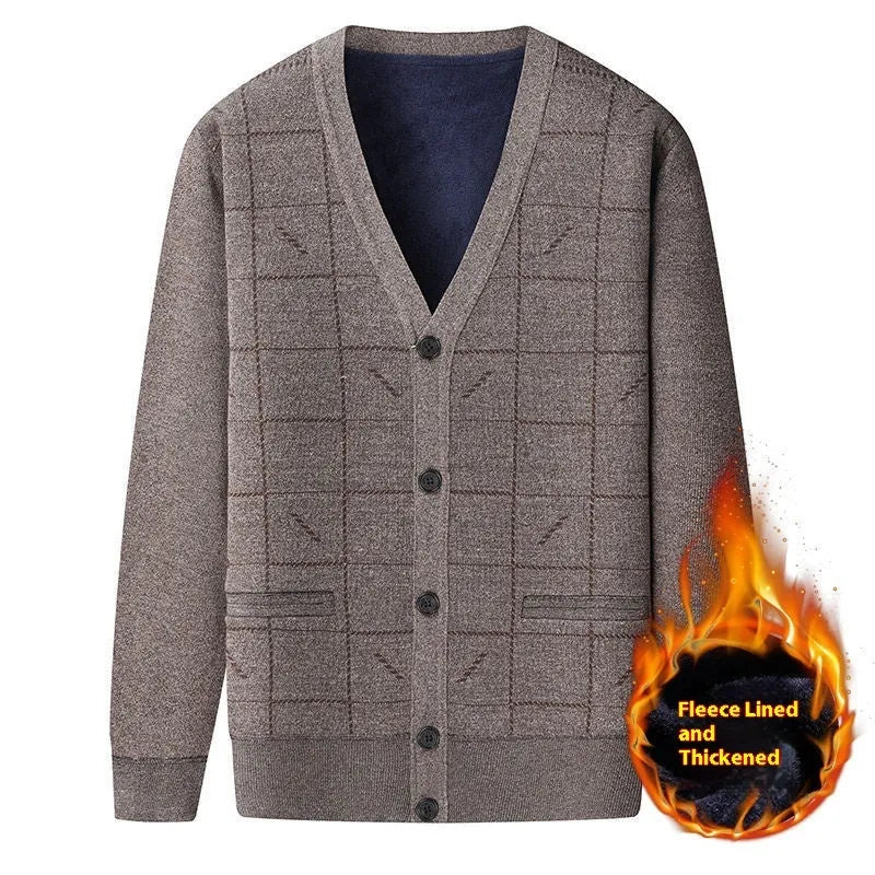 Men's grey batwing sleeve cardigan with wool lining shown on a hanger.