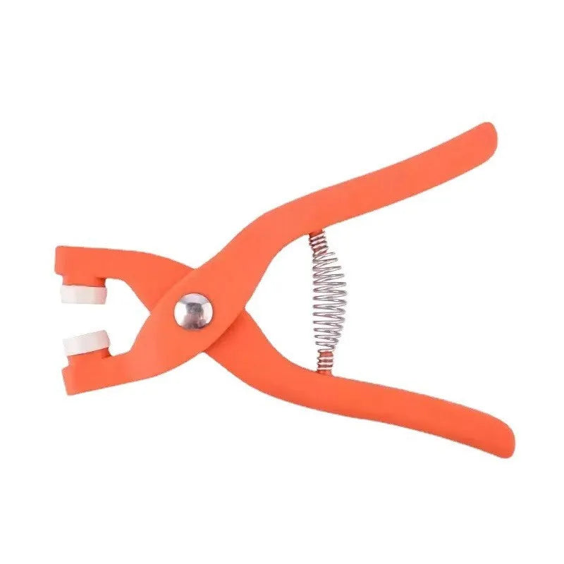 Stainless steel five claw no sew buttons and application pliers for clothing repair on baby and children's garments.