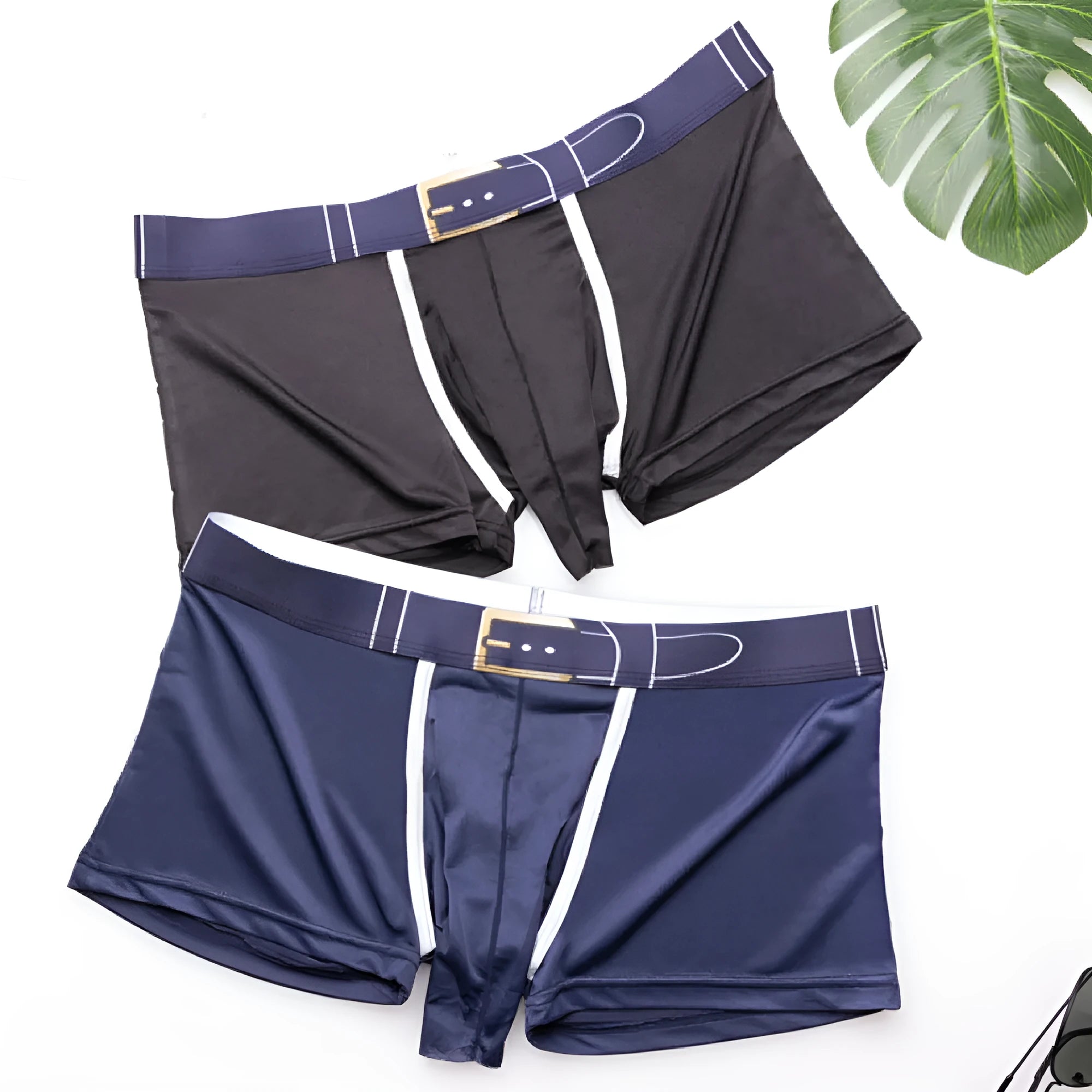 Men's solid colour ice silk boxer shorts in gray, shown laid flat.