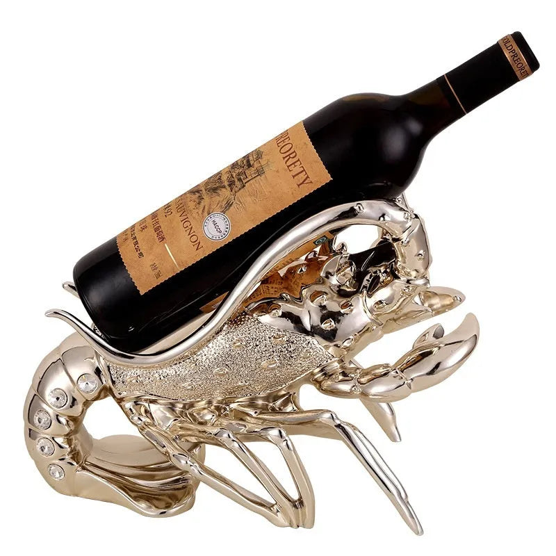 Lobster-shaped resin wine rack in silver or rose gold holding two bottles