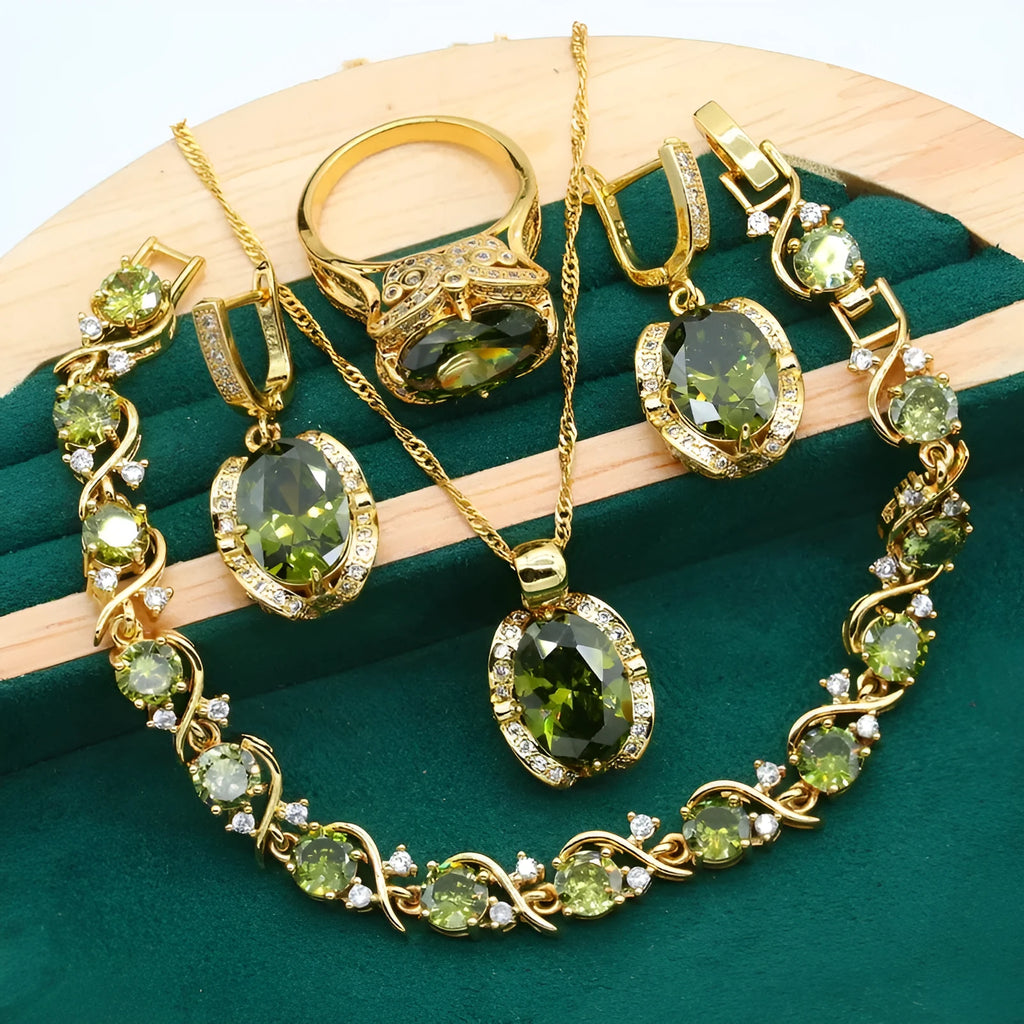 Olive green full rhinestone zircon jewellery set with snake bone chain necklace, earrings, and ring.