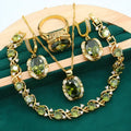 Olive green full rhinestone zircon jewellery set with snake bone chain necklace, earrings, and ring.