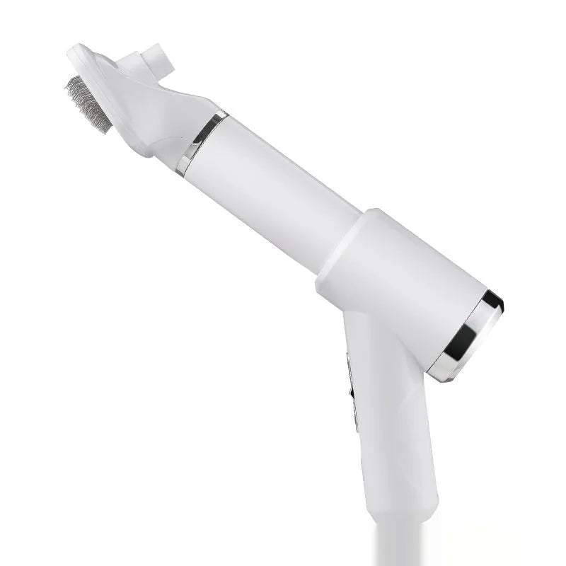 A beige pet hair dryer and a blue whirlpool comb for dog grooming and deshedding.