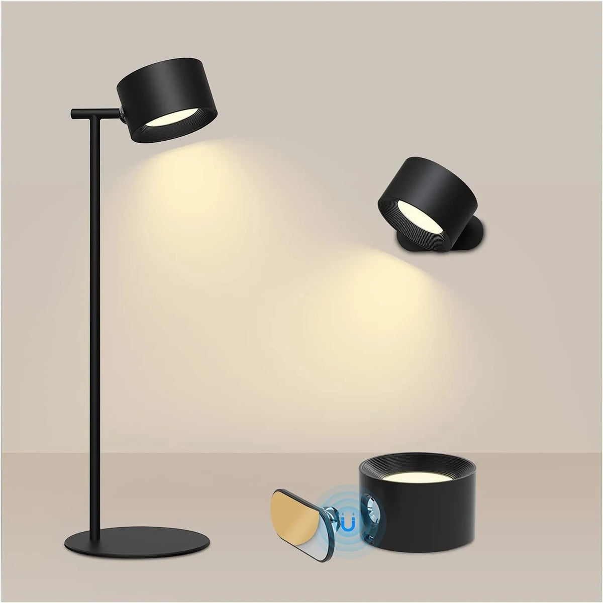 Magnetic LED wall lamp in round or square shape, black or white, 12V touch control with adjustable 3000K-6500K light.