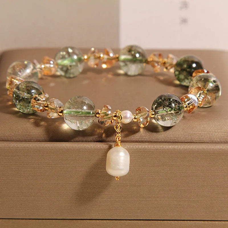 Natural chorite crystal bracelet with champagne quartz and green phantom quartz accents