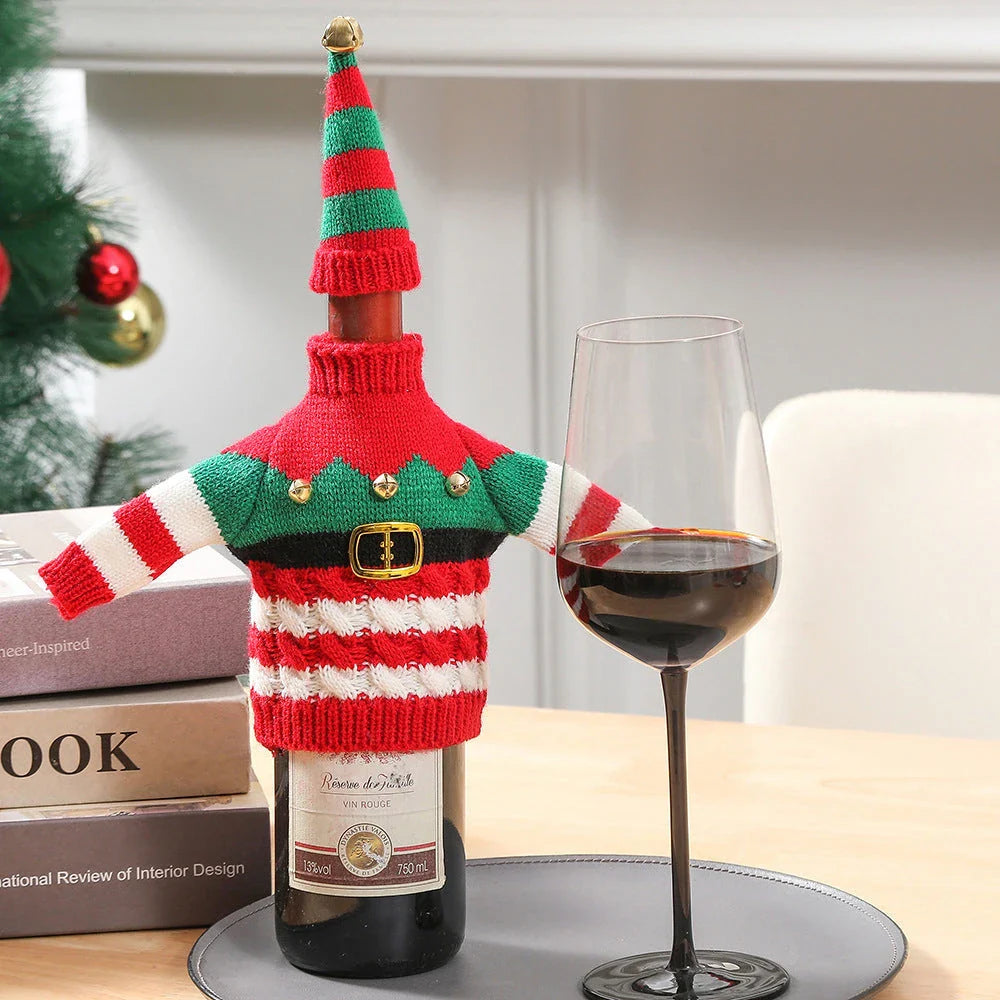 Festive knitted wine bottle covers in red and green stripes and red belt designs, perfect for Christmas and holiday decor