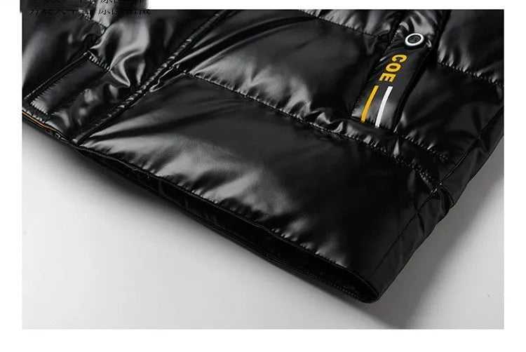 Men's black padded jacket with zip front and zippered pockets on solid background