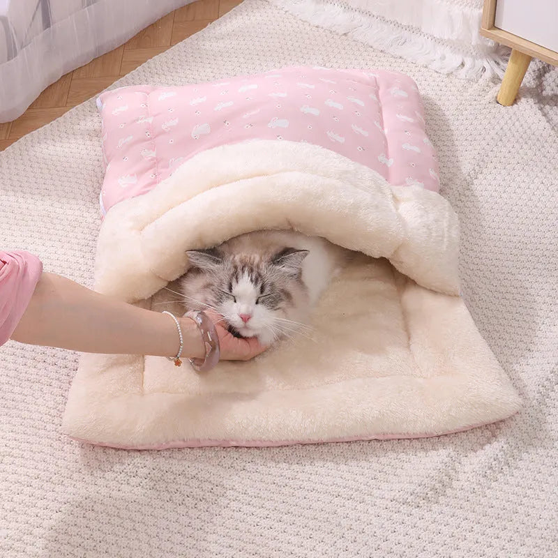 Cat sleeping bag with detachable mat and foldable design in pink colour