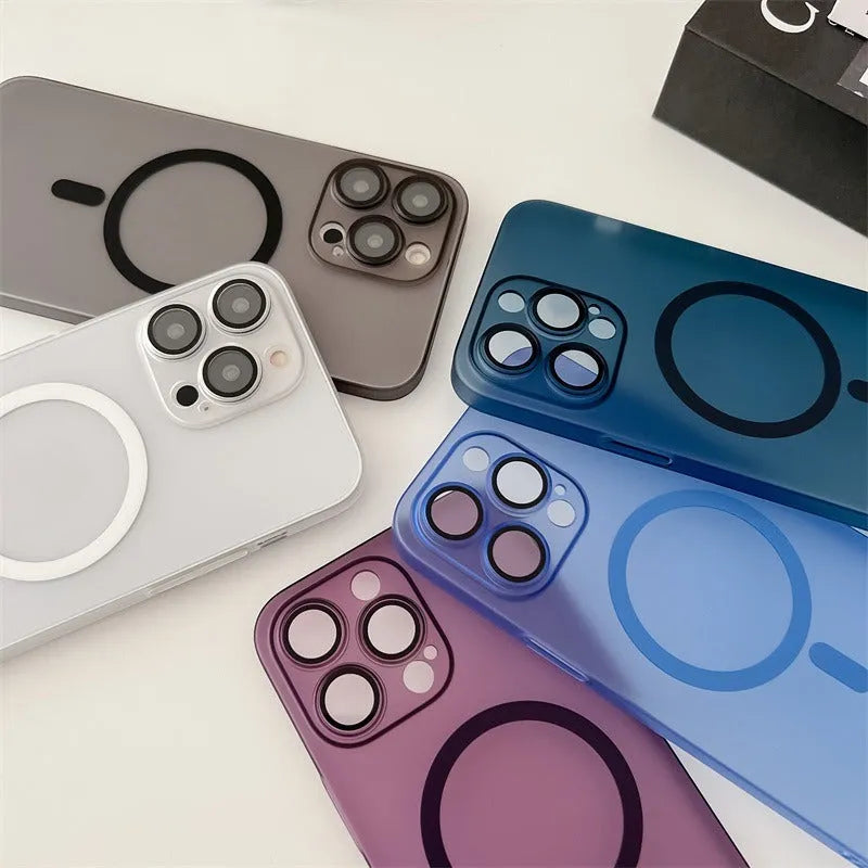 Ultra-thin magnetic frosted phone case for iPhone in ice mist white, showing all-inclusive bumper design