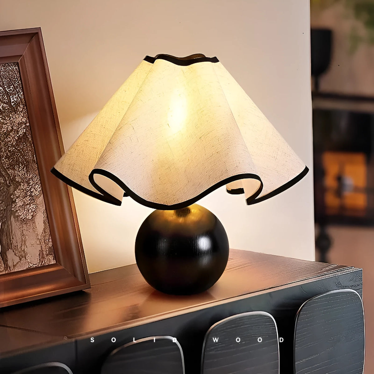 Retro solid wood table lamp with walnut finish and creative petal shade design