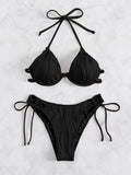 Women's apricot coloured underwire bikini top and bottom set for swimming.